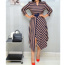 Deep V-neck 3/4Sleeves Striped Waist Belt Irregular Lady Casual Dress